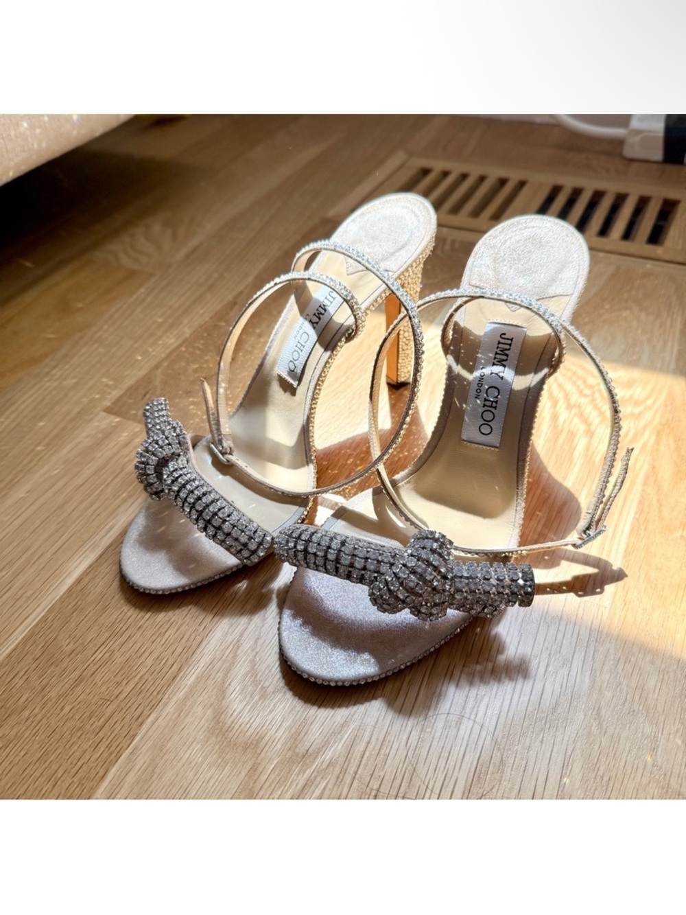 Jimmy Choo Silver Crystal Knot Sandal Heels